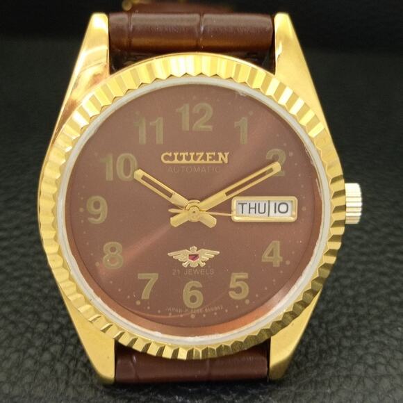 Vintage 1983 Citizen Automatic Mens Gold Watch W/daydate & Brown accents - Picture 4 of 10